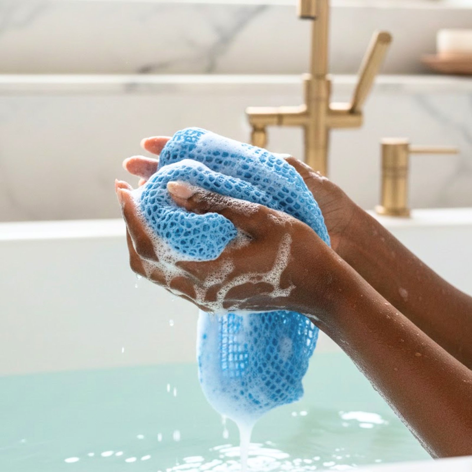 Femme foncée exfoliant sa peau avec un filet de bain africain de couleur bleu vif